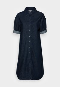 Denim shirt dress in dark blue with a classic collar, short rolled sleeves, and button-down front. Soft texture with a relaxed fit.