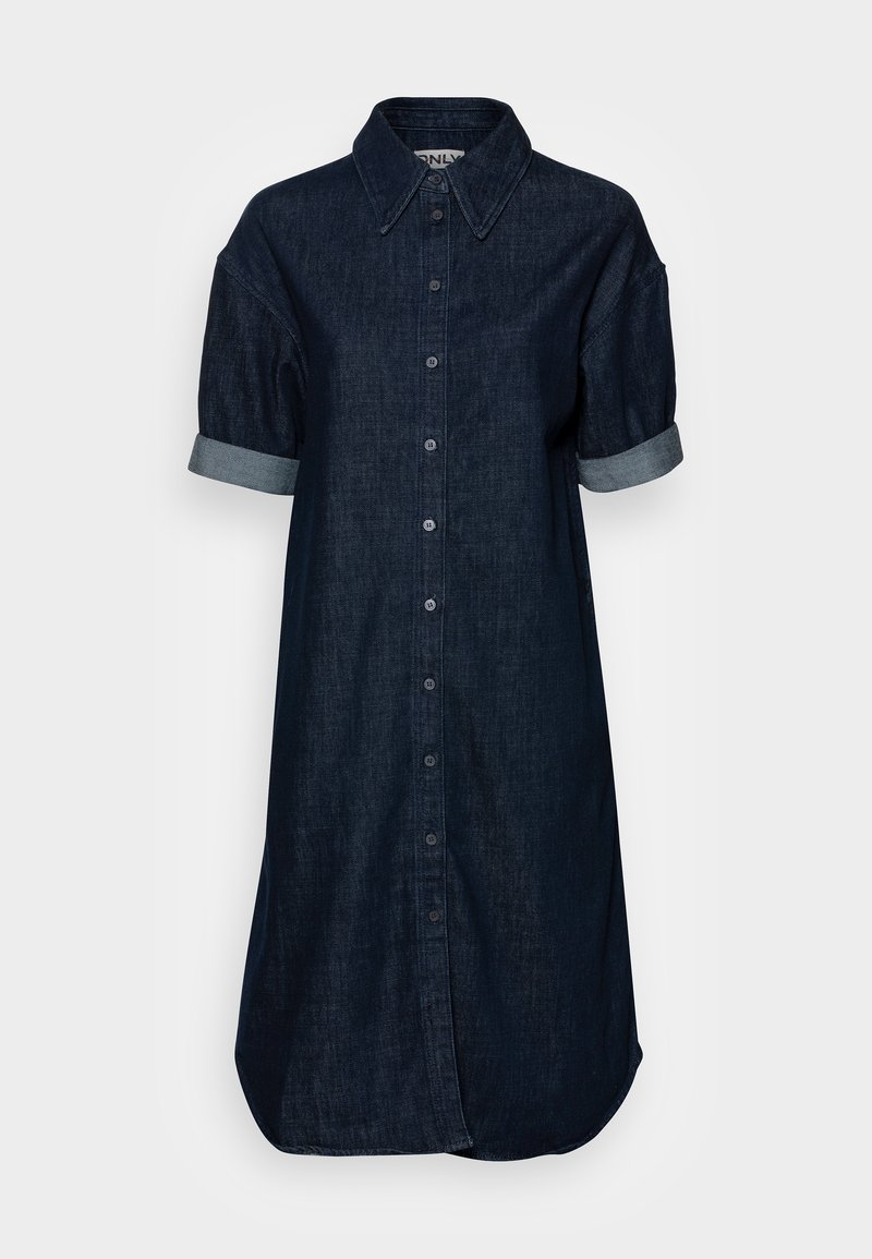 Denim shirt dress in dark blue with a classic collar, short rolled sleeves, and button-down front. Soft texture with a relaxed fit.