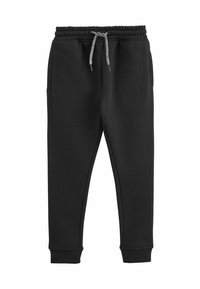Schwarze Jogginghose aus weichem Material, mit einem elastischen Bund und Kordelzug, seitlichen Taschen und schmal zulaufenden Säumen.
