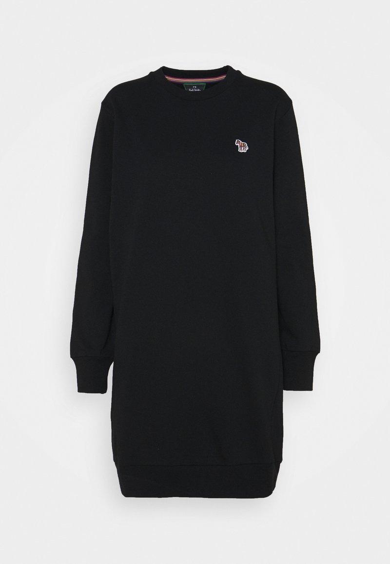 Robe sweat-shirt noire à manches longues avec poignets côtelés, col rond, et petit écusson zèbre multicolore sur la poitrine gauche.