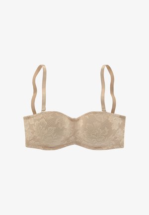Lace bandeau bra in beige with floral pattern, featuring smooth fabric, adjustable satin straps, and a structured design.
