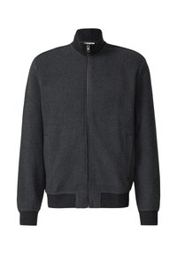 Dunkelgraue Jacke mit Reißverschluss und strukturiertem Muster, hohem Kragen, gerippten Bündchen und Bund. Verfügt über einen zentralen Reißverschluss und Seitentaschen.