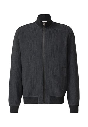 Ciemnoszara kurtka na zamek z teksturowanym wzorem, wysokim kołnierzem, ściągaczami przy rękawach i u dołu. Posiada centralny zamek i boczne kieszenie.