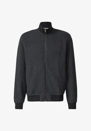 Ciemnoszara kurtka na zamek z teksturowanym wzorem, wysokim kołnierzem, ściągaczami przy rękawach i u dołu. Posiada centralny zamek i boczne kieszenie.