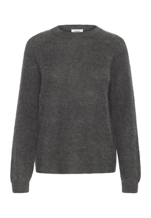 Maglione grigio a maglia con scollatura rotonda, maniche lunghe e una superficie morbida e testurizzata. Vestibilità leggermente ampia con polsini e bordo a costine.
