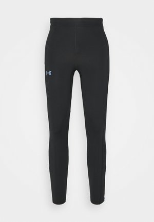 Leggings sportivi neri realizzati in materiale elasticizzato con il logo blu di Under Armour sulla coscia sinistra. Texture liscia, design aderente.