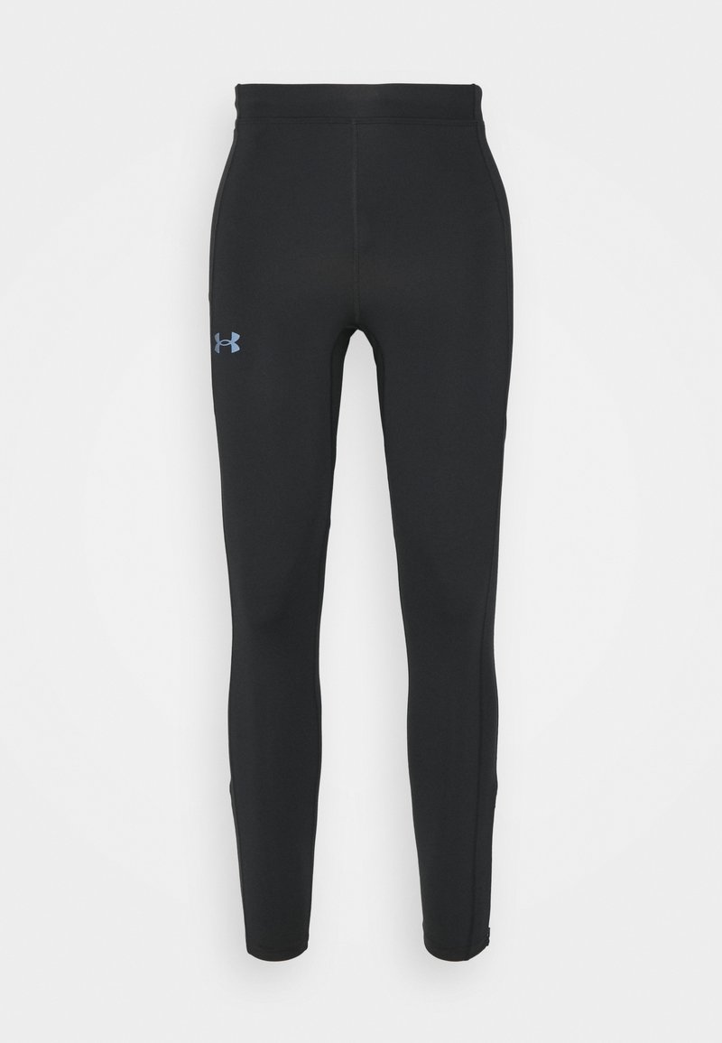 Leggings sportivi neri realizzati in materiale elasticizzato con il logo blu di Under Armour sulla coscia sinistra. Texture liscia, design aderente.