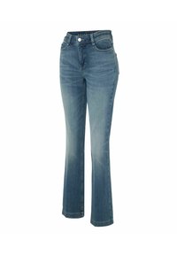 Jeans de denim acampanados en azul claro, con cierre de botón, diseño clásico de cinco bolsillos y un ligero desvanecimiento para darle textura.