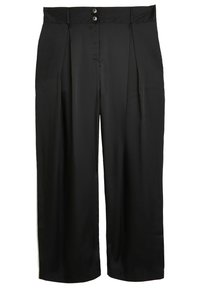 Pantaloni neri a gamba larga realizzati in tessuto liscio, con due bottoni in vita e pieghe frontali. Vestibilità morbida con silhouette dritta.