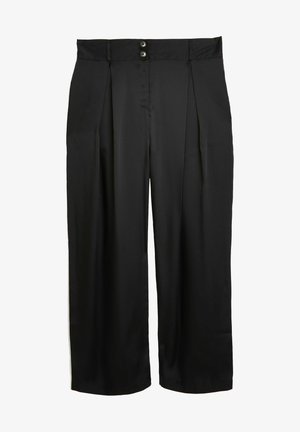 Pantaloni neri a gamba larga realizzati in tessuto liscio, con due bottoni in vita e pieghe frontali. Vestibilità morbida con silhouette dritta.
