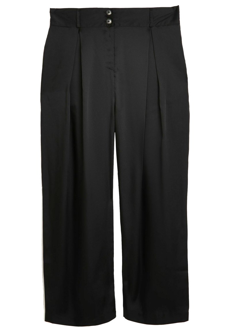 Pantaloni neri a gamba larga realizzati in tessuto liscio, con due bottoni in vita e pieghe frontali. Vestibilità morbida con silhouette dritta.