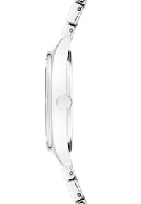 Silberner Edelstahl-Armbanduhr mit einem stilvollen runden Gehäuse und glattem Rahmen, ausgestattet mit einer einzigen Krone auf einer Seite und einem Gliederarmband.