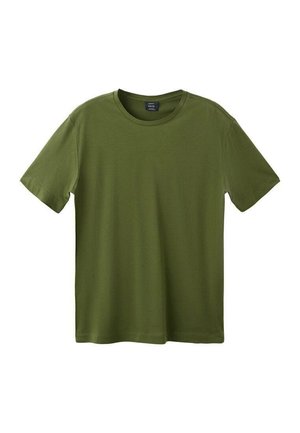 Olivgrünes Baumwoll-T-Shirt mit kurzen Ärmeln, Rundhalsausschnitt und glatter Textur. Keine sichtbaren Muster oder Akzente, gerade geschnittener Saum.