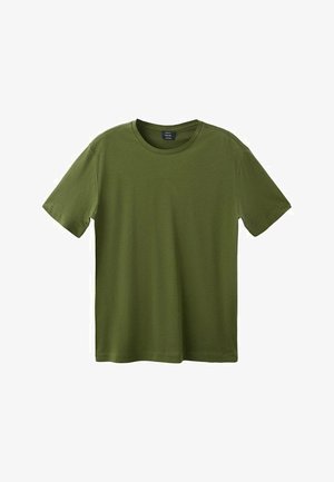 Olivgrünes Baumwoll-T-Shirt mit kurzen Ärmeln, Rundhalsausschnitt und glatter Textur. Keine sichtbaren Muster oder Akzente, gerade geschnittener Saum.