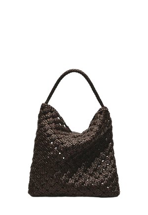 Dark brown woven leather handbag with a padded texture and a single braided handle.