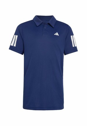Polo bleu marine à manches courtes avec col à deux boutons, motifs à trois bandes blanches sur les manches et petit logo blanc sur la poitrine gauche.