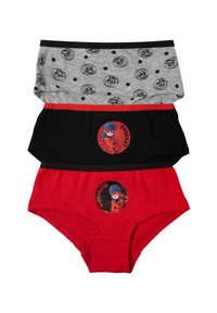 Tre paia di mutandine da ragazza: grigie con pois neri, nere con dettagli rossi e rosse con un personaggio dei cartoni animati. Materiale in cotone.