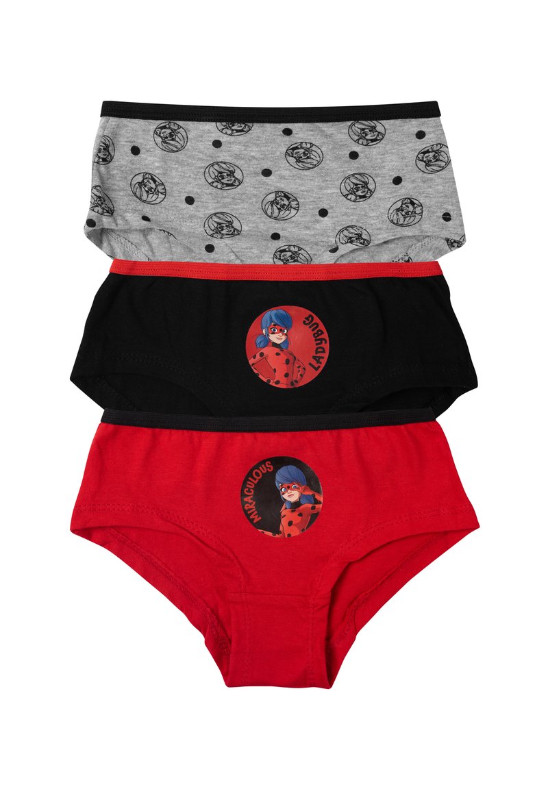 Tre paia di mutandine da ragazza: grigie con pois neri, nere con dettagli rossi e rosse con un personaggio dei cartoni animati. Materiale in cotone.