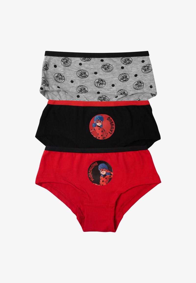 Tre paia di mutandine da ragazza: grigie con pois neri, nere con dettagli rossi e rosse con un personaggio dei cartoni animati. Materiale in cotone.