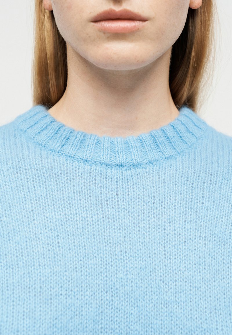 Nahaufnahme des unteren Gesichts und Halses einer Person, die einen hellblauen Strickpullover mit geripptem Kragen trägt, vor einem schlichten Hintergrund.