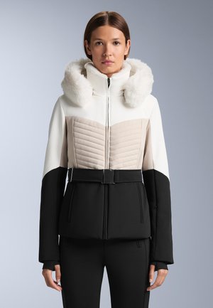 Color-blocked jacket with white, beige, and black sections; quilted texture on chest; fur-lined hood; fitted design with belt detail.