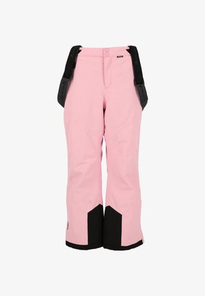 Rosa Schnee-Hosen mit verstellbaren schwarzen Trägern, verstärkten schwarzen Säumen und einer glatten Textur, ausgestattet mit einem geraden Schnitt und einem schrägen Nahtdesign.