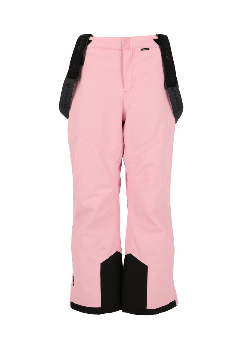Pantalons de neige roses avec bretelles noires réglables, poignets noirs renforcés et texture lisse, présentant une coupe droite et un design de couture inclinée.