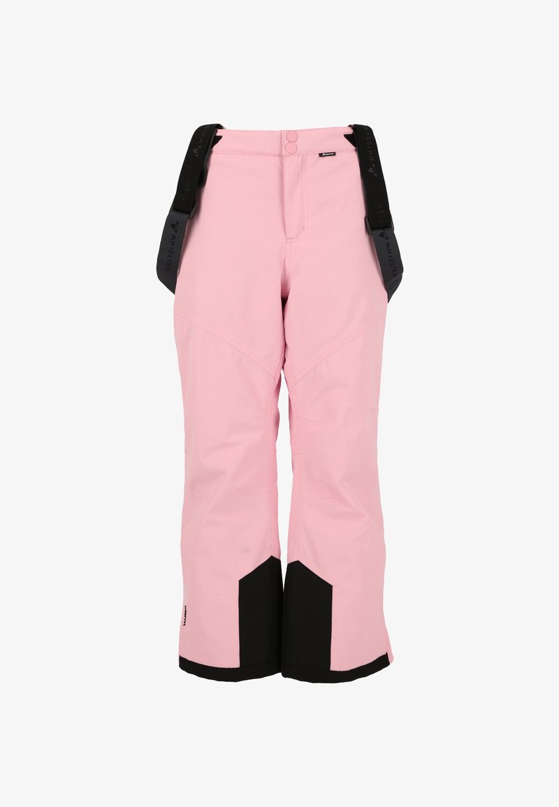 Pantalones de nieve rosa con tirantes negros ajustables, puños negros reforzados y una textura suave, que presentan un corte recto y un diseño de costura en ángulo.
