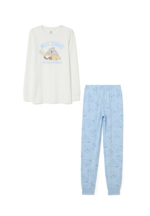 Long-sleeve white pajama top with "NOT TODAY, MAYBE TOMORROW" text; blue pants with repeated light blue bear outline pattern.