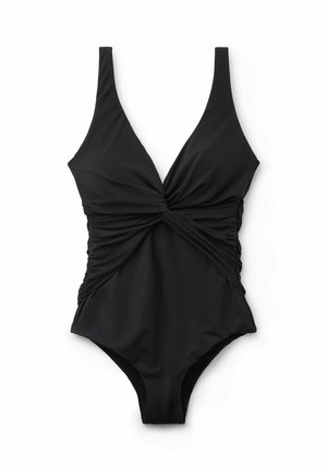 Traje de baño entero negro con un escote en V profundo, detalle en la parte frontal retorcido y laterales fruncidos. Fabricado con un tejido suave y elástico.