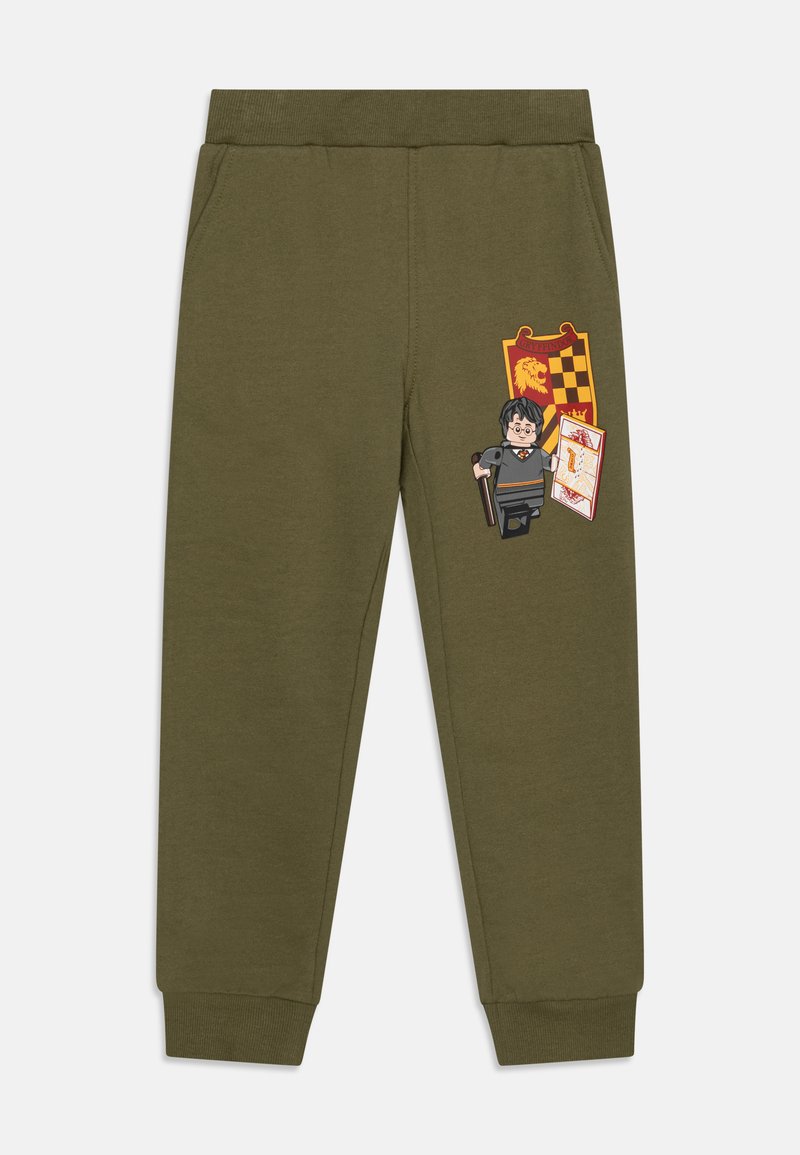Olivgrüne Sweatpants aus Baumwollmischung mit seitlichen Taschen, gerippten Bündchen und einem dekorativen Druck eines Charakters mit einem Gryffindor-Wappen.