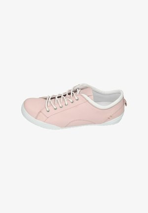 Light pink low-top sneaker with white sole, white laces, and padded collar, shown from the side on a white background.