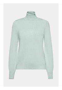 Pull en tricot bleu clair à col roulé avec manches longues et poignets et ourlet côtelés, présenté sur un fond uni.