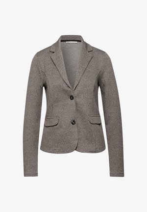 Vævet grå blazer med houndstooth-mønster, to forlommer, klappede revers og enkelt knaplukning. Glat overflade, skræddersyet pasform.