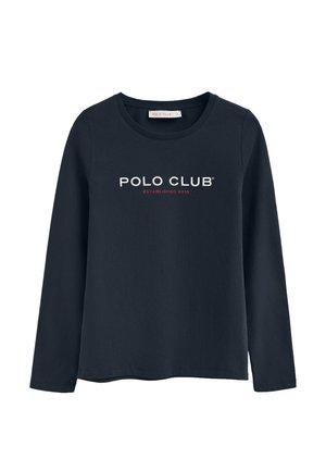 Granatowa koszulka z długim rękawem wykonana z bawełny, z okrągłym dekoltem i napisem "POLO CLUB ESTABLISHED 2012" w białych i czerwonych literach.