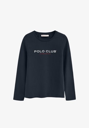 Granatowa koszulka z długim rękawem wykonana z bawełny, z okrągłym dekoltem i napisem "POLO CLUB ESTABLISHED 2012" w białych i czerwonych literach.