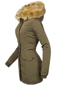 Olive green parka with a faux fur hood, zip closure, side pockets, and ribbed cuffs. The material is smooth with a slightly shiny finish.