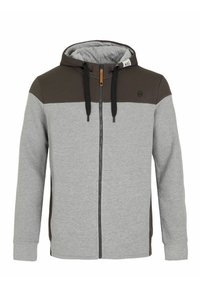 Gray and brown zip-up hoodie with a drawstring hood, featuring a chest logo, ribbed cuffs, and a smooth texture.