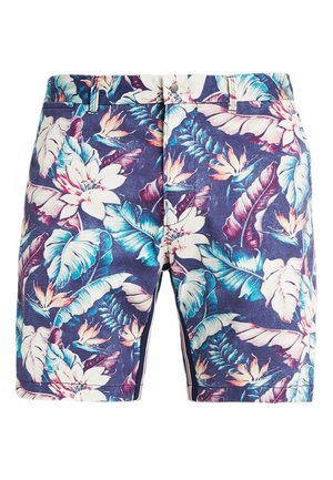 Pantalones cortos para hombre con un vibrante estampado floral tropical en tonos azul, blanco, púrpura y naranja, que cuentan con bolsillos delanteros y cierre con botón.