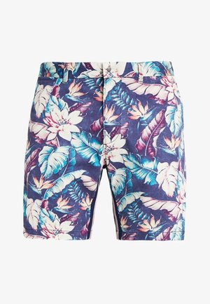Pantalones cortos para hombre con un vibrante estampado floral tropical en tonos azul, blanco, púrpura y naranja, que cuentan con bolsillos delanteros y cierre con botón.