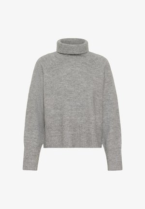 Suéter gris de punto con cuello alto, de manga larga y con puños y dobladillo acanalados, exhibido sobre un fondo blanco liso.