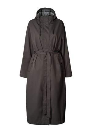 Imperméable long à capuche de couleur gris foncé, fabriqué en matériau résistant à l'eau. Doté d'une ceinture à nouer, de poches latérales et d'un design léger.