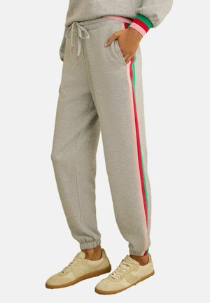 Graue Jogginghosen mit Kordelzug in der Taille, seitlichen Taschen und vertikalen Streifen in Pink, Grün und Rot entlang der Beine.