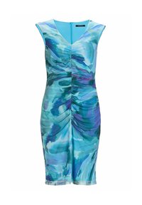 Sukienka bez rękawów w niebiesko-zielonym wzorze akwarelowym, o dopasowanym kroju, z marszczeniami oraz dekoltem w serek i zamkiem z tyłu.