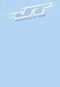 Světle modrá tkanina s šedým logem "JTF RACING" doplněným šikmými liniemi a tečkovanými vzory, hladká textura, minimalistický design.