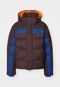 Bruine donsjas met capuchon, voorzien van blauwe strepen op de schouders en mouwen, en een oranje voering. Ritssluiting met geribbelde manchetten.