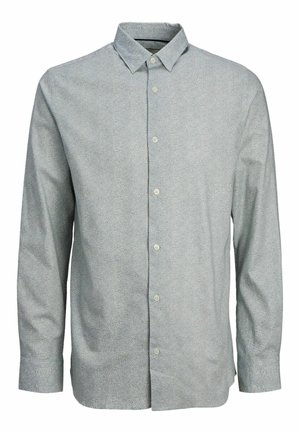 Camicia a maniche lunghe in tessuto grigio chiaro con un sottile motivo testurizzato, dotata di colletto classico e chiusura frontale con bottoni.