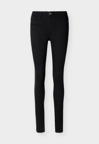 Μαύρο στενό τζιν με κουμπί και φερμουάρ στο μπροστινό μέρος, θηλιές για ζώνη και σχεδιασμό με πέντε τσέπες σε ουδέτερο φόντο.