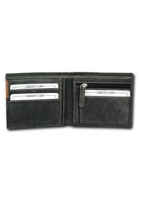 Black leather wallet open, featuring multiple card slots, a zippered compartment, and contrasting stitching. Smooth texture with a matte finish.