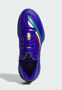 Scarpa sportiva viola con superficie texturizzata, caratterizzata da strisce bianche, verdi e rosse, e dettagli dorati sui lacci.